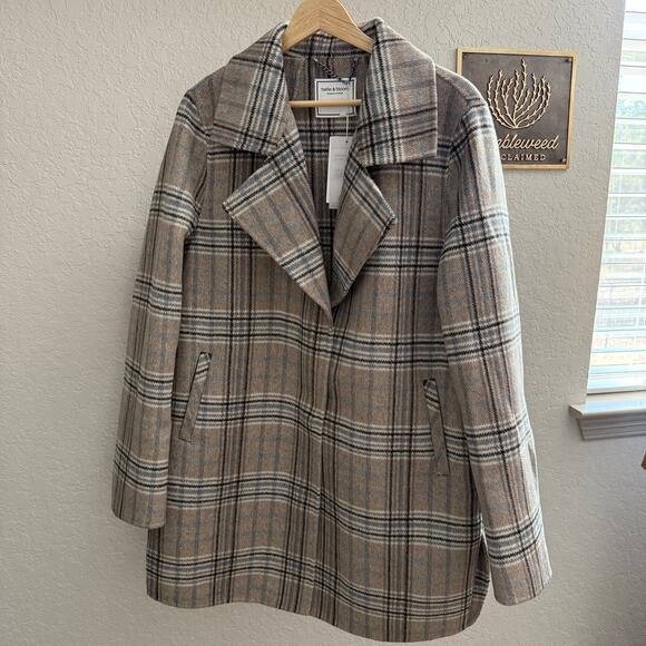 Women's Belle & Bloom Brown, Black, Blue Plaid Snap Front Coat Size L NEW - Picture 3 of 10